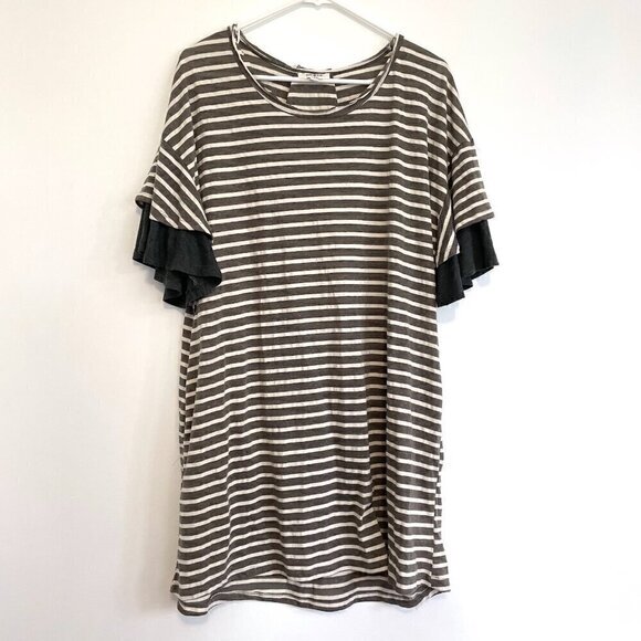 UMGEE Gray Cream Ivory Striped Short Sleeve Cotton Mini T-Shirt Dress / Tunic L - Picture 1 of 14